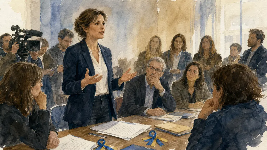 French female spokesperson addressing a European civic meeting, with press notes, association folders and discreet blue and yellow ribbons on the table, editorial documentary photography, no text, no logo