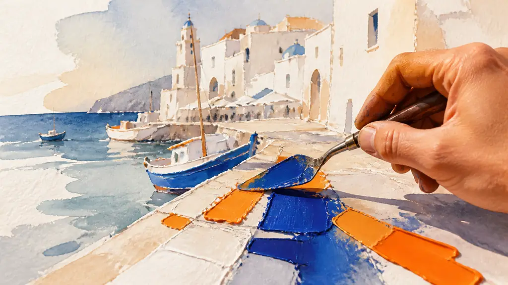 Editorial close-up photograph of a painter applying thick cobalt blue and vivid orange paint with a palette knife to a simplified Mediterranean port scene, textured impasto catching strong southern sunlight, no text, no logo