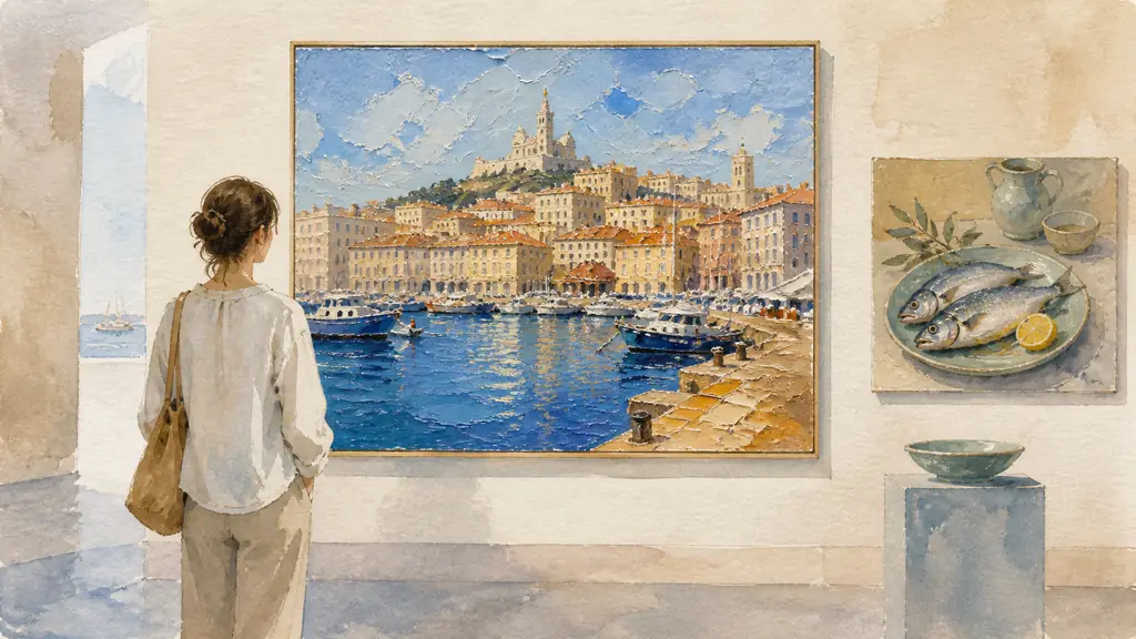 Editorial gallery photograph of a visitor observing a richly impastoed oil painting of Marseille's Old Port, with vivid color blocks and a nearby Mediterranean fish still life, no text, no logo