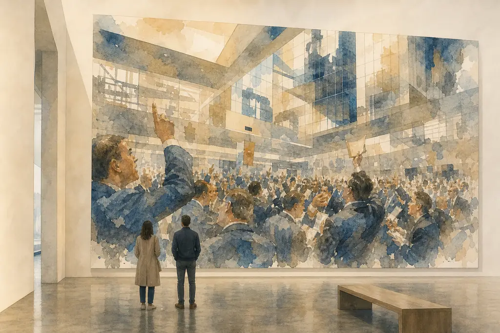 editorial museum gallery with a monumental color photograph of a stock exchange crowd and geometric office architecture, viewed from a slightly elevated angle, two visitors standing small in front of the oversized print, no text no logo