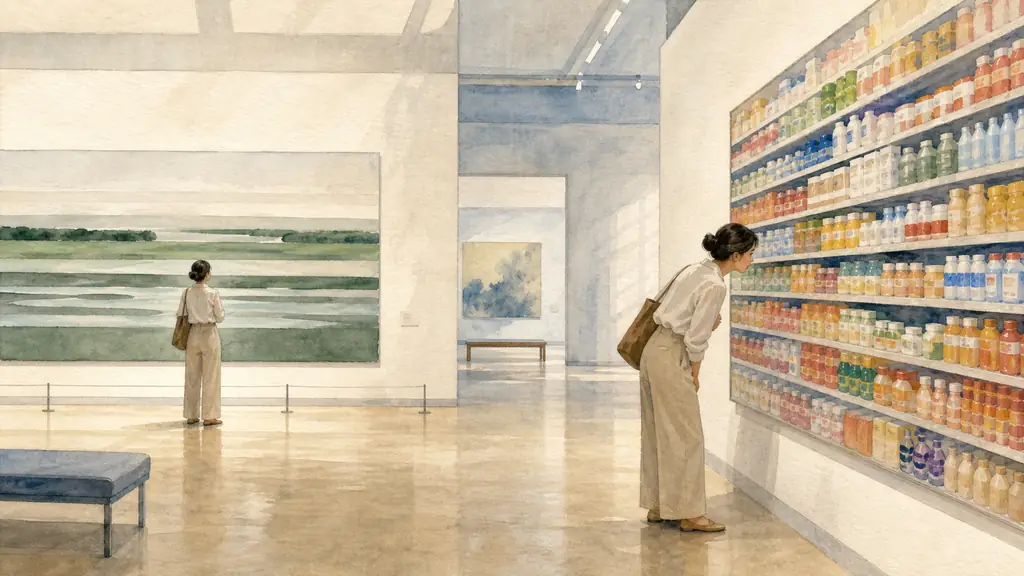 editorial museum scene with a woman first standing far from a monumental photograph of horizontal green and gray bands inspired by a river landscape, then leaning closer toward another oversized image of brightly colored supermarket shelves packed with repeated products, no text no logo