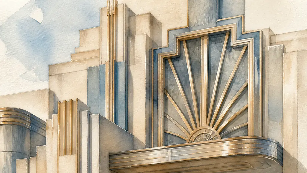 close-up editorial photograph of an Art Deco facade with stepped volumes, a sunburst metal grille, and polished metallic reflections, no text or logo