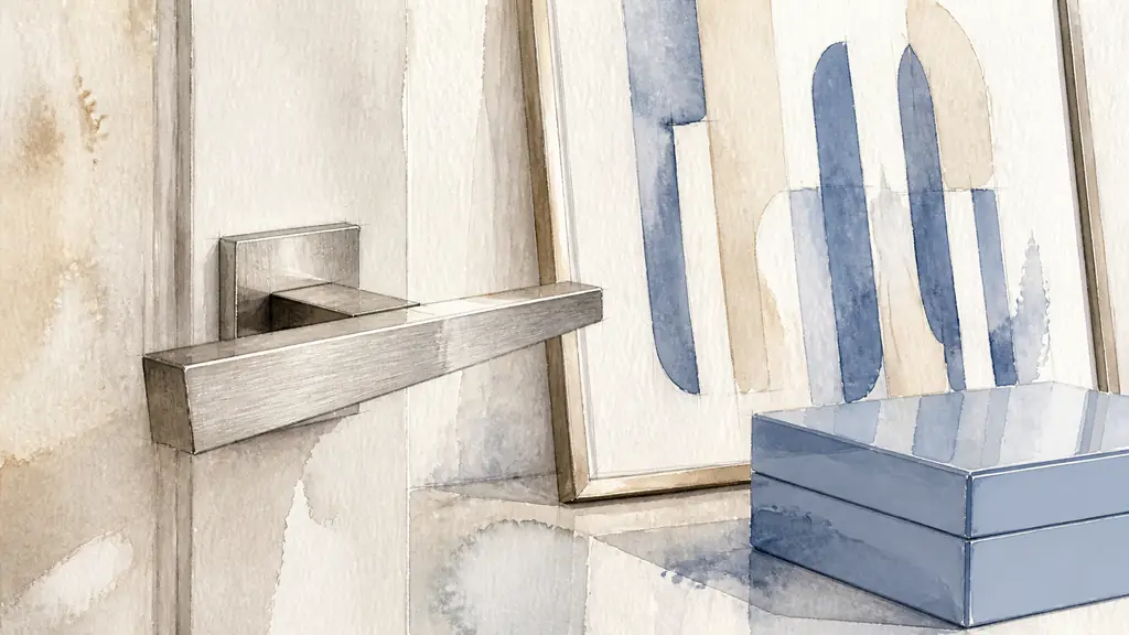 editorial close-up photograph of an angular metal door handle beside an elongated-letter poster and a contrasting lacquered box, no text or logo