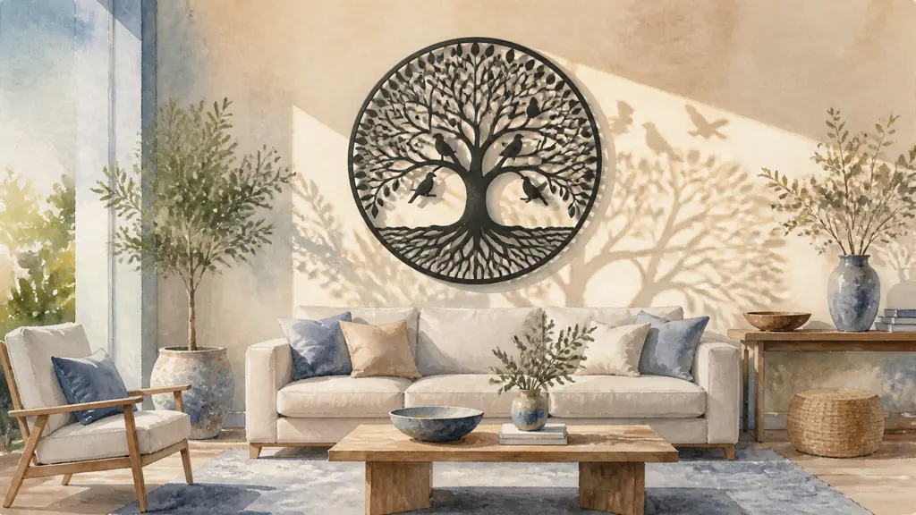 Editorial interior photograph of a contemporary living room featuring a black laser-cut tree of life wall sculpture, delicate bird silhouettes and lateral sunlight casting crisp shadows, no text, no logo