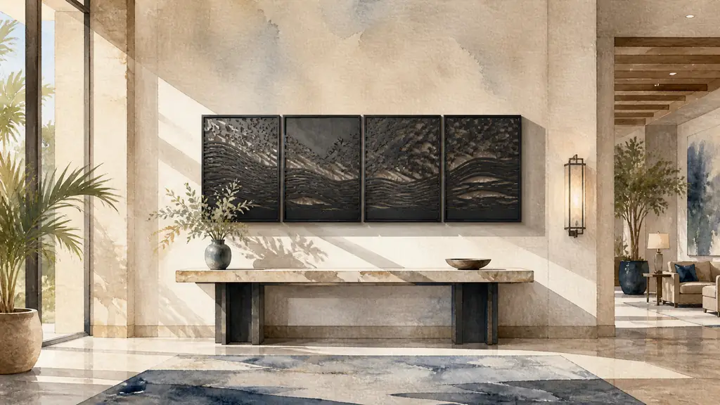 Editorial photograph of a hotel reception with a large horizontal black metal quadriptych above a console, viewed from sufficient distance with lateral light casting distinct shadows, no text, no logo