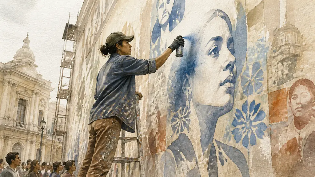editorial photograph of a muralist painting a large socially engaged facade with an aerosol can, beside visible stencil details and traces of an older hand-painted wall composition, no text, no logo