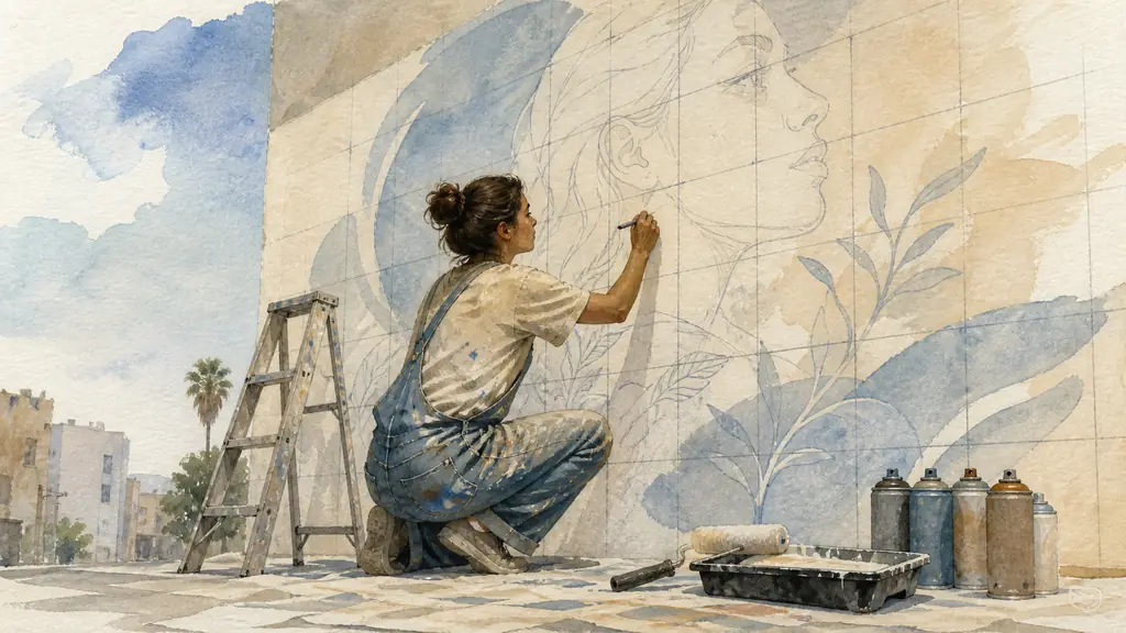editorial photograph showing a muralist transferring a gridded sketch onto a primed facade, with an acrylic paint roller and aerosol cans nearby, no text, no logo