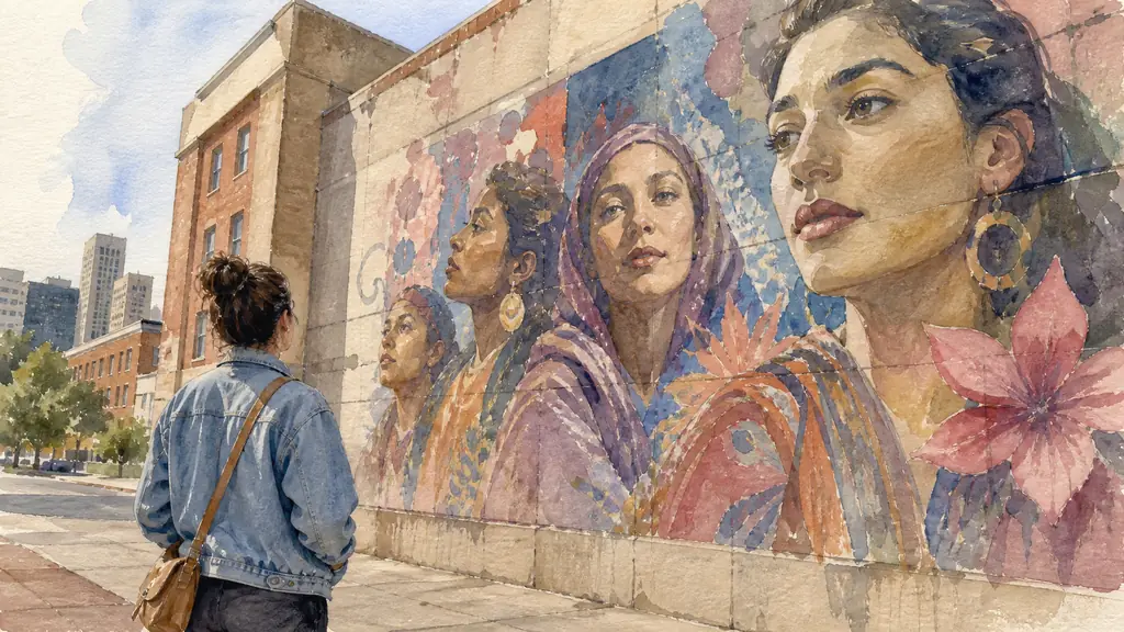 editorial photograph of a viewer stepping back from Lady Pink's Faith in Women mural on an urban wall in Minneapolis, showing the architectural surface and close painted details, no text, no logo