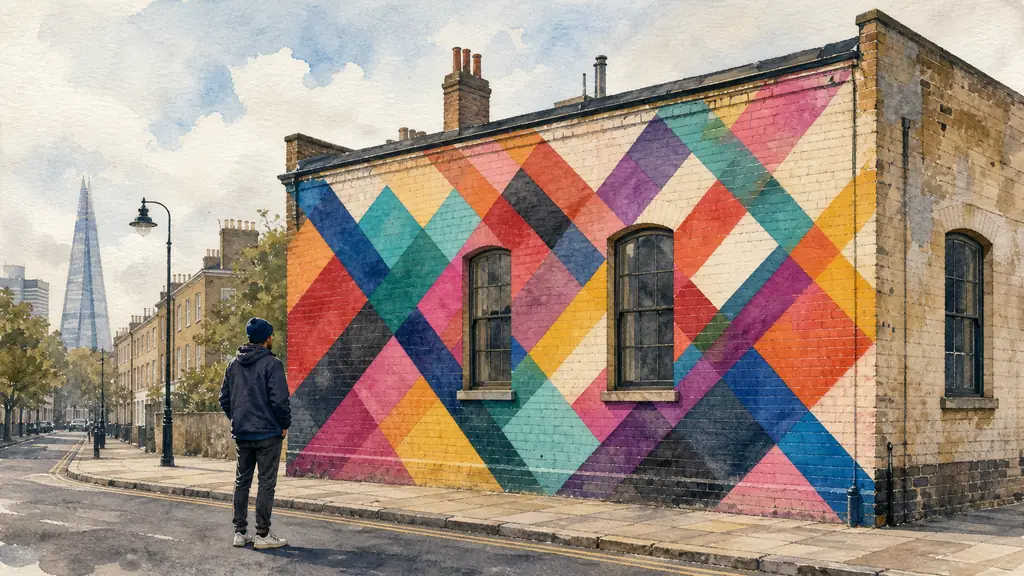 editorial photograph of a viewer observing Maya Hayuk's Pictures on Walls mural in London from the edge of the pavement, with the building boundaries and textured painted surface visible, no text, no logo