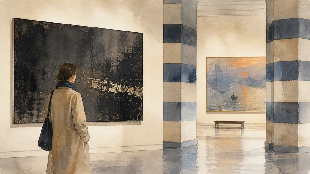 Editorial museum photograph of a visitor observing a luminous black textured painting beside striped in situ columns, with an impressionist sunrise painting visible in the adjoining gallery, no text, no logo