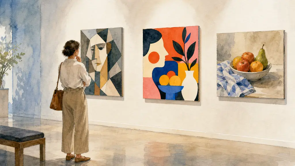 Editorial gallery photograph of a visitor comparing a fragmented cubist portrait, a pop art canvas with flat vivid colors, and a still life of fruit and folded fabric, no text, no logo