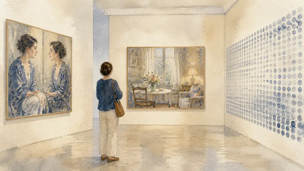 editorial photograph of a museum visitor observing a double self-portrait, an intimate Impressionist interior, and a wall installation covered with repeating dots, soft gallery light, no text, no logo