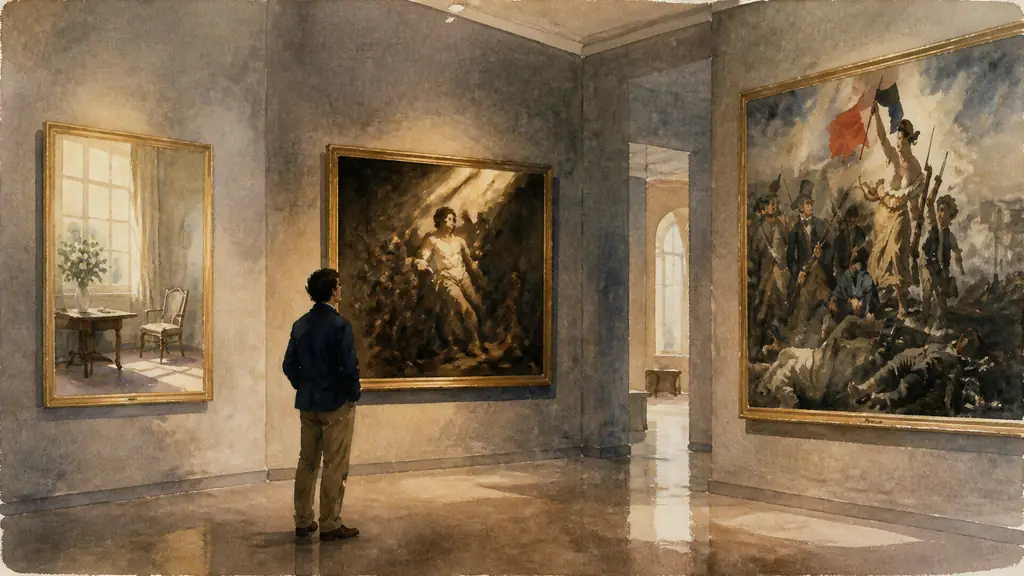 editorial photograph inside a dim museum gallery, a visitor studying a dramatic chiaroscuro painting beside a quiet window-lit interior and a turbulent Romantic historical canvas, no text, no logo