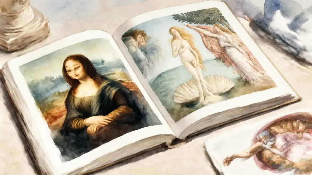 editorial close-up photograph of an art history book open to reproductions of the Mona Lisa and The Birth of Venus, with a Sistine Chapel fresco postcard beside it, soft museum-study lighting, no visible text or logo
