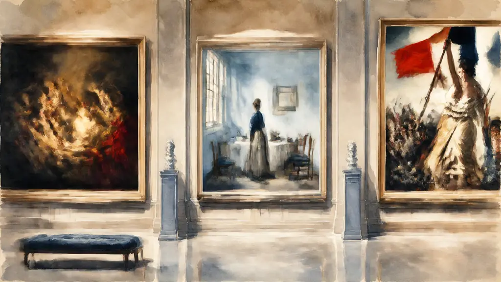 editorial museum photograph showing a dramatic Caravaggio-style chiaroscuro reproduction beside Vermeer-like window light and a detail of Delacroix's red flag and moving figures, no visible text or logo