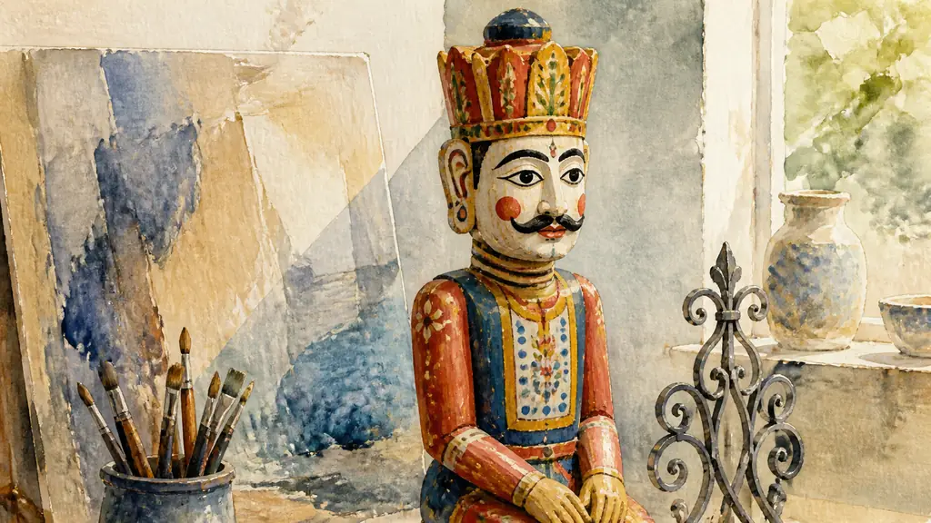 Editorial close-up of a brightly painted stylized wooden figure beside an acrylic canvas and a small wrought iron element in an artist's studio, soft natural light, no text, no logo