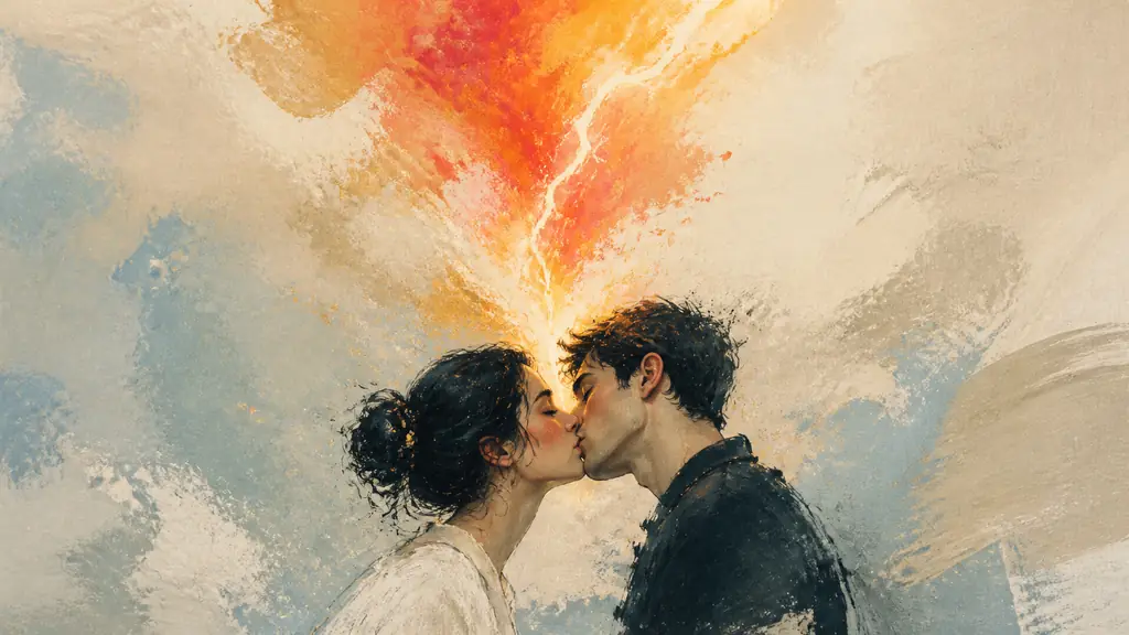 Editorial photograph of an acrylic painting showing two stylized lovers exchanging a kiss beneath a lightning-shaped burst of bright color, intimate gallery lighting, no text, no logo