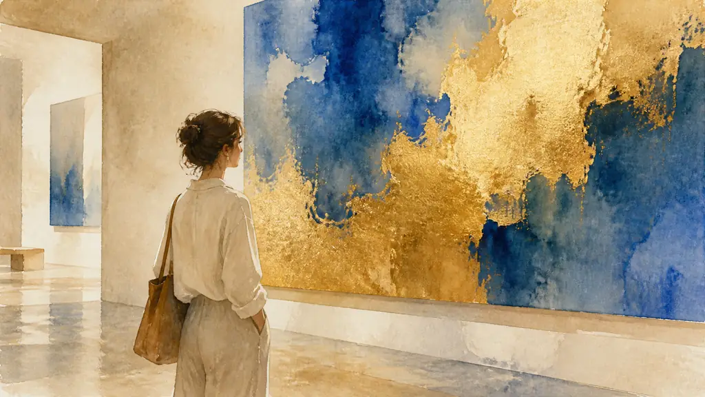 Editorial photograph of a museum visitor closely observing an abstract artwork with luminous gold and deep azure color fields, quiet gallery atmosphere, no text, no logo