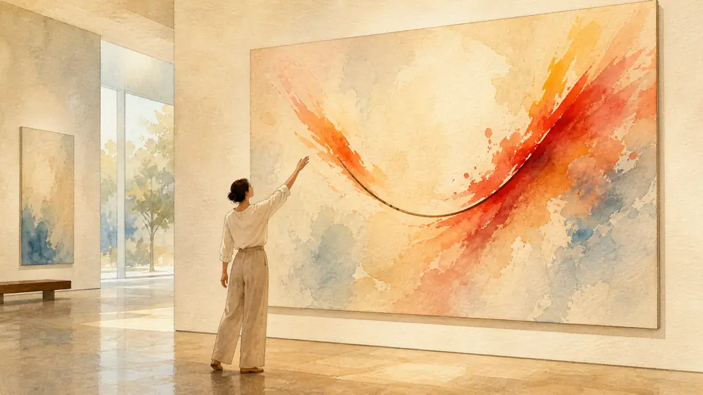 Editorial photograph of a museum visitor following an upward wing-like movement in an abstract painting, with a curved smile-like line and vivid flame-colored accents, quiet gallery, no text, no logo