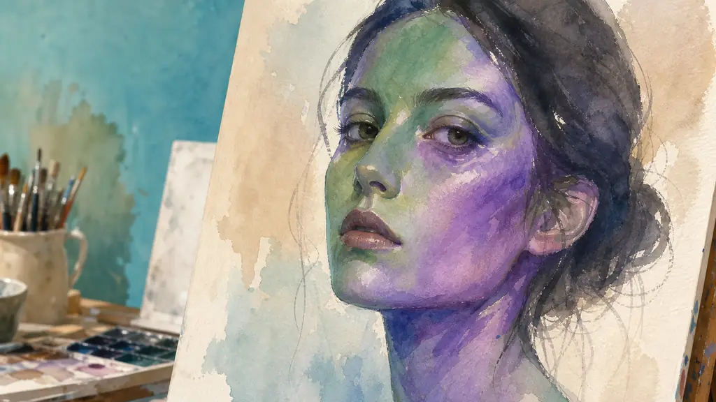 editorial close-up of a contemporary painted portrait on an easel, turquoise background, face with green and violet skin tones, thick visible brushstrokes on the cheek and forehead, artist studio light, no text, no logo
