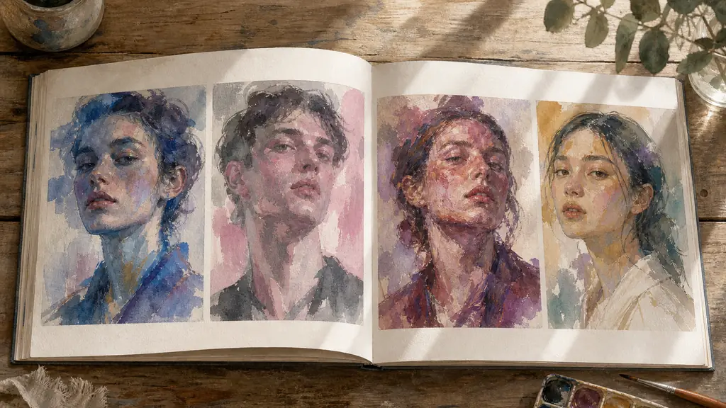 editorial photo of an art book spread on a wooden table showing four contemporary painted portraits side by side, one with blue-mauve skin tones, one with pink and gray face, one with thick red-violet flesh-like brushwork, soft natural window light, no text, no logo
