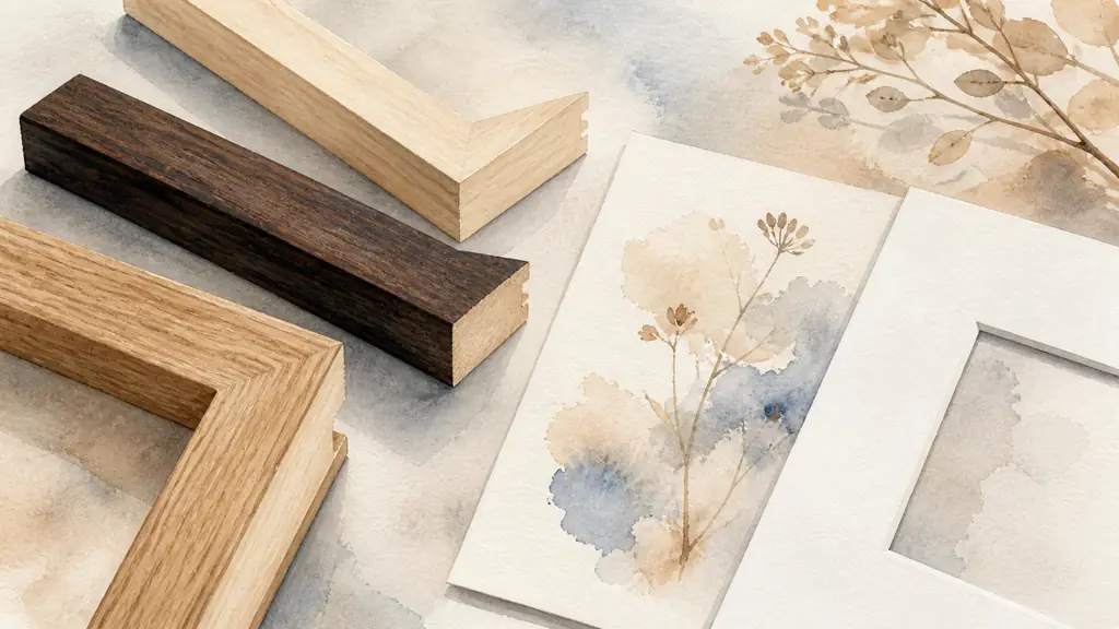Editorial photograph of several natural wood, dark stained and pale frame moulding samples placed beside a delicate print on paper, with a white passe-partout under soft gallery lighting, no text, no logo