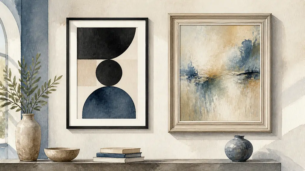 Editorial photograph of a graphic artwork tested with a matte black regular frame and a textured painting paired with a subtly relief moulding, both displayed against muted interior walls, no text, no logo