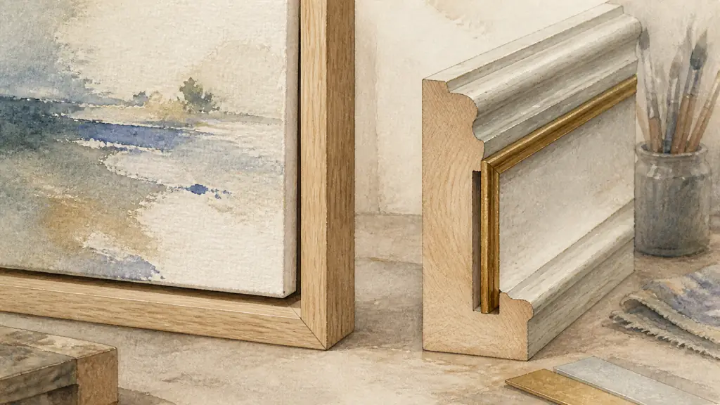 Close-up editorial photograph of a canvas mounted in a natural wood L-shaped floating frame beside a traditional moulding sample with a deep rabbet and a slim gold inner liner, soft workshop light, no text, no logo