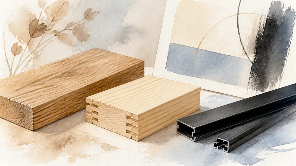 Editorial close-up photograph of oak, finger-jointed pine and slim black aluminium frame samples arranged beside a contemporary engraving, visible wood grain and patinated finish, soft natural studio light, no text, no logo
