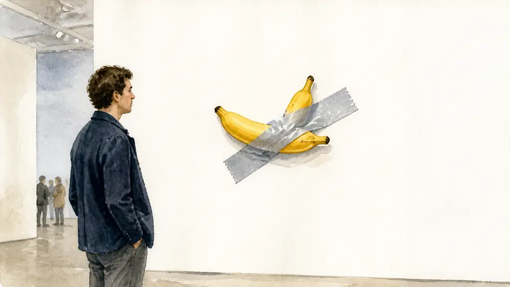 Editorial photograph of a fresh yellow banana fixed to a white exhibition wall with a wide strip of silver duct tape, minimalist contemporary art fair booth, attentive visitor observing from the side, no text, no logo