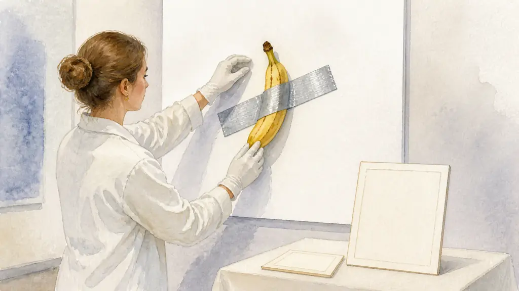 Editorial photograph of gloved hands replacing a ripe banana and a strip of silver duct tape on a white gallery wall, authenticity certificate and installation manual resting on a nearby table, no text, no logo