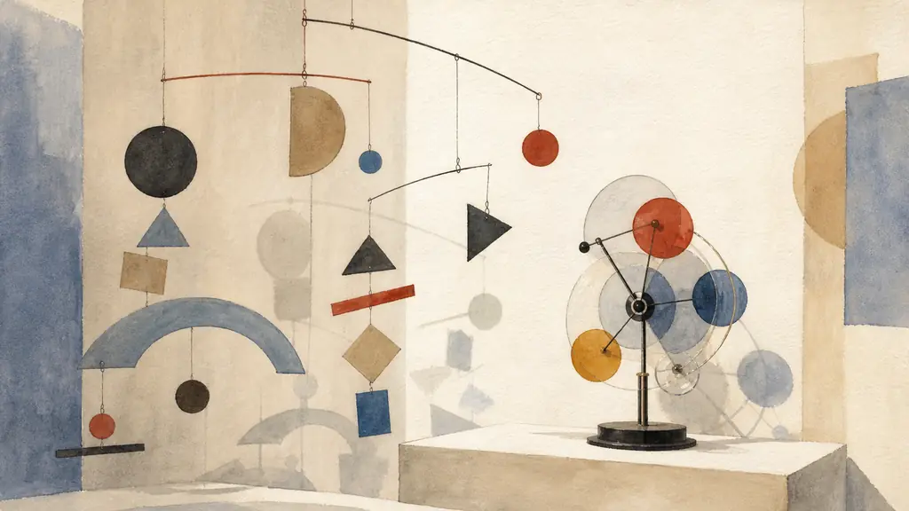 Editorial museum photograph of a suspended Bruno Munari inspired mobile made of geometric cardboard shapes, beside a 1945 kinetic clock with rotating colored discs and transparent acetate elements casting shifting shadows, no text, no logo
