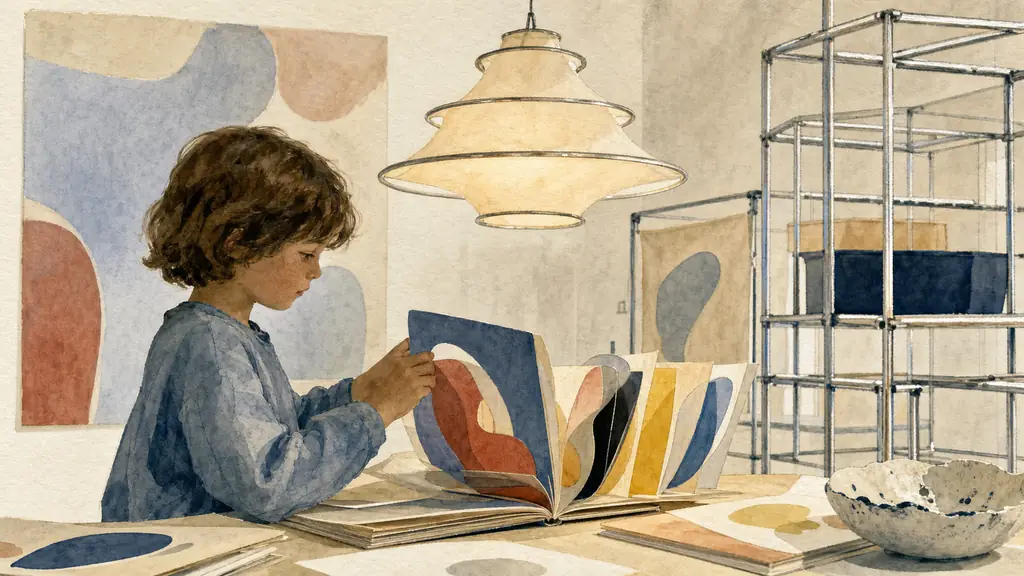 Editorial museum workshop photograph showing a child turning the cut-out colored pages of an unreadable book beneath a suspended Falkland lamp made of elastic fabric and metal rings, with a modular steel Abitacolo frame in the background, no text, no logo