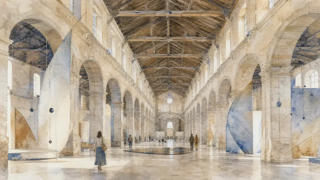 Editorial wide-angle photograph of the monumental nave inside the 1824 Entrepôt Lainé in Bordeaux, showing its historic warehouse architecture and a contemporary in situ installation, soft natural light, no text or logo