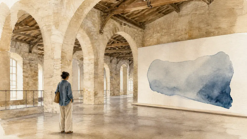 Editorial photograph of a visitor observing a permanent in situ artwork in the second-floor galleries of the CAPC, with the historic stone architecture of the Entrepôt Lainé and generous exhibition volumes visible, no text or logo