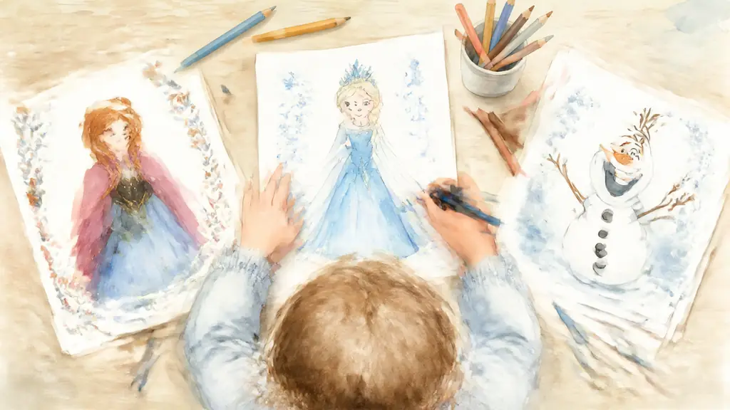 Overhead editorial photograph of a child coloring Elsa in blue beside printed Anna and Olaf pages, colored pencils scattered across a light wooden table, no text, no logo