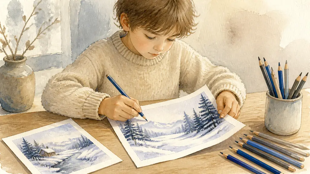 Editorial photograph of a child rotating a printed winter scene while carefully tracing the outline with a sharpened blue pencil, a test print and neatly arranged gray and blue pencils on the table, no text, no logo