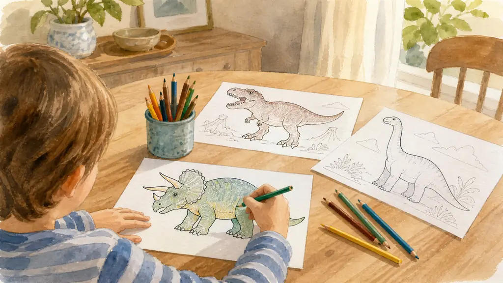 Editorial photograph of a child coloring a printed A4 Triceratops drawing with colored pencils, beside printed T-Rex and Brachiosaurus pages on a family table, natural daylight, no text, no logo