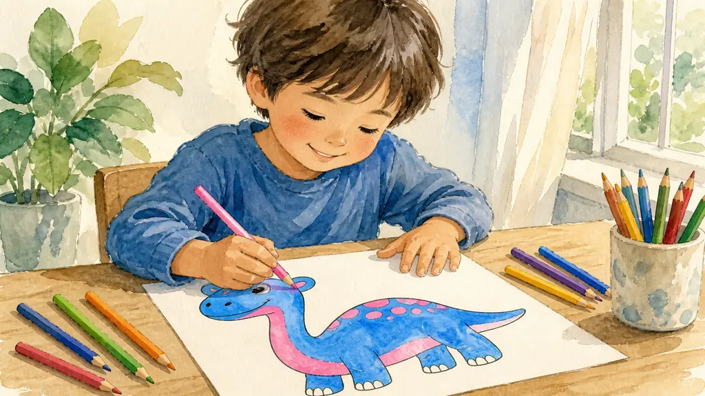 Editorial photograph of a young child coloring a smiling simplified Brachiosaurus with thick outlines and large blue and pink areas, colored pencils nearby, natural daylight, no text, no logo
