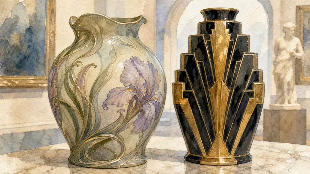 Editorial close-up of two adjacent decorative objects on a museum table, one Art Nouveau vase with flowing vine curves and iris-like floral motifs, one Art Deco vase with stepped geometric silhouette in black and gold, soft gallery lighting, no text, no logo
