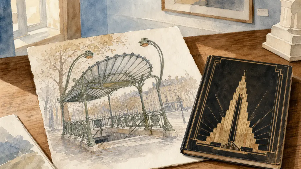 Editorial museum scene showing a Paris Art Nouveau metro entrance sketch with curling plant-like iron lines beside a black-and-gold Art Deco booklet featuring a stepped skyscraper silhouette, both laid on a wooden reading table under soft daylight, no text, no logo