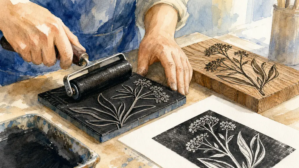 close-up editorial photograph of a printmaker inking a raised linocut block beside a carved wood block with visible grain, black ink rolled across the surface, sharp black and white test print on paper, natural studio light, no text, no logo