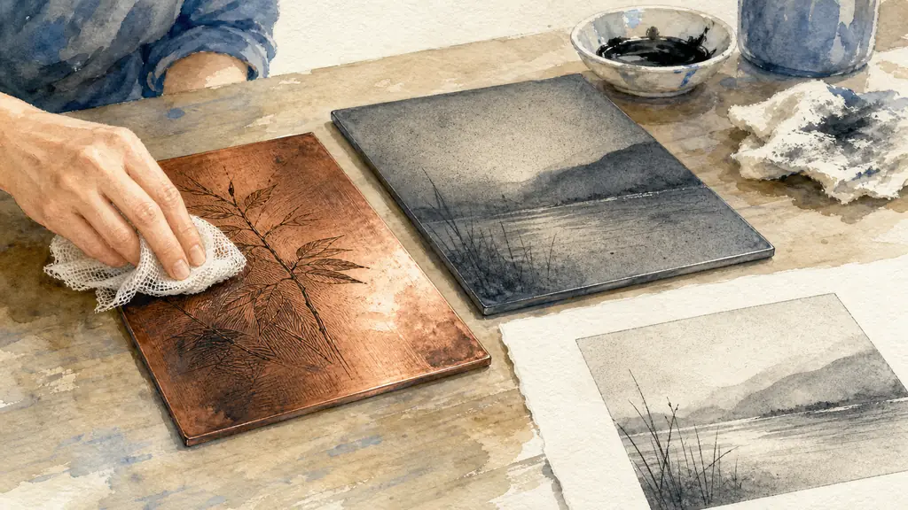 editorial close-up photograph of a copper etching plate beside a zinc aquatint plate, black ink settled in engraved grooves, a hand wiping the surface with tarlatan cloth, and a fresh print showing soft gray tonal areas and a sharply cut line, natural studio light, no text, no logo