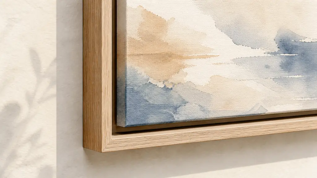 Close-up editorial photograph of a painted canvas floating inside a natural wood American box frame, showing the even shadow gap and the visible thickness of the stretcher, softly lit on a neutral wall, no text, no logo