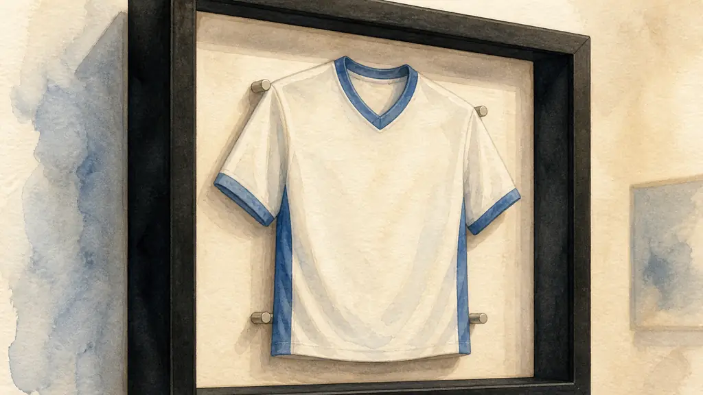 Editorial close-up photograph of a textile jersey mounted without tension inside a deep black display frame, with a neutral backing and visible spacers keeping it away from the glass, soft museum lighting, no text, no logo