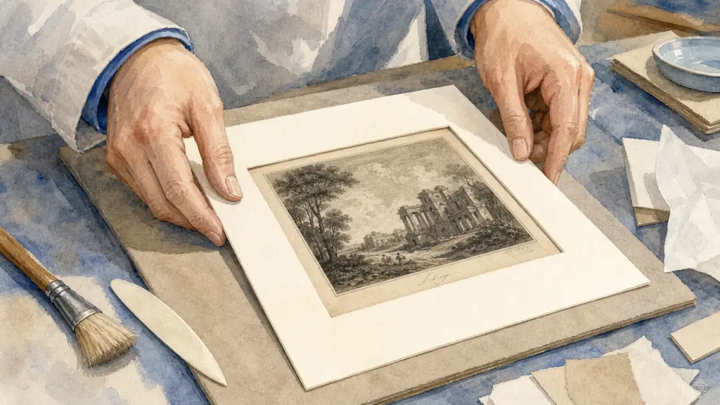 Close-up editorial photograph of hands positioning an ivory conservation passe-partout around an antique engraving, with the plate mark and handwritten signature left visible, neutral backing board on a worktable