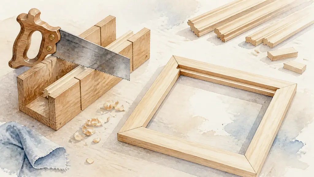 Editorial photograph of wooden frame mouldings being cut in a miter box, with freshly joined corners dry-fitted around a deep inner rebate on a clean workshop table, no text or logo