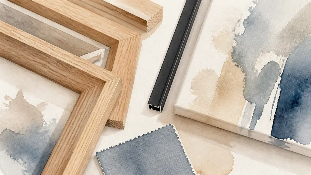 Editorial close-up of oak frame samples and a slim black aluminum profile beside an abstract canvas, with a blue-grey secondary color swatch, no text, no logo