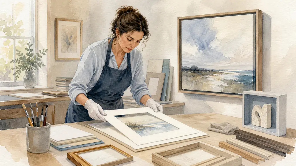 Framer fitting a watercolor behind an acid-free passe-partout beside a floating canvas in an American box frame and a small shadow box holding a relief object, natural workshop light, no text or logo