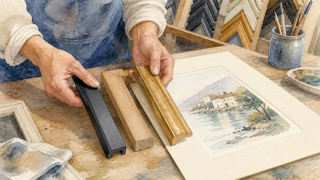 Close-up of a framer comparing a slim matte black aluminum moulding, a warm natural wood frame and a restrained patinated gold profile beside a watercolor with an ivory passe-partout, soft workshop light, no text or logo
